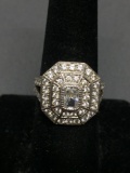 Milgrain Bezel Set Radiant Faceted 6x4mm CZ Center w/ Double Step Halo 17mm Wide Tapered Sterling