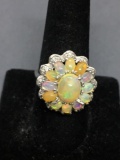 Oval 9x7mm Opal Cabochon Center w/ Oval Opal Halo 22mm Wide Diamond Accented Sterling Silver Ring