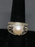 Round 10mm White Pearl Center w/ Diamond Accented Heart Detail Sides 13mm Wide Tapered Sterling