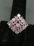 Round Faceted CZ w/ Pink Marquise Faceted Floral Cluster Design 22mm Wide Tapered High Polished