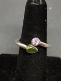 Full Bezel Set Pear Faceted 6x4mm Peridot w/ Round Faceted 4mm Amethyst Centers Bypass Sterling