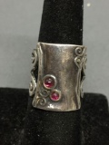 Hand-Crafted Signed Designer Israeli Made 22mm Wide Tapered Filigree Decorated Ring Band w/ Round