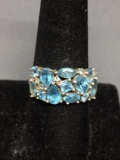 Round, Square Step, Pear & Marquise Faceted Blue Topaz Cluster Setting 11mm Wide Tapered Sterling