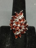 Large Round & Marquise Faceted Garnet Gem Floral Cluster Setting 32mm Wide Sterling Silver Ring Band