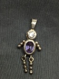 Dancing Boy Themed Sterling Silver Pendant w/ Oval Faceted 6x4mm Amethyst Center & Round 4mm CZ