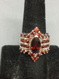 Marquise Faceted 11x6mm Garnet Center w/ Round Garnet Cluster Halo 22mm Long Signed Designer