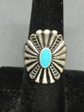 Antique Finished Groove Design 23mm Wide Sterling Silver Ring Band w/ Oval Turquoise Center