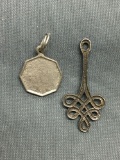 Lot of Two Sterling Silver Pendants, One Octagonal 13mm Diameter & Vintage Scroll 30mm Long