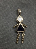 Dancing Girl Design Sterling Silver Pendant w/ Trillion Faceted Created Blue Sapphire Center & Round