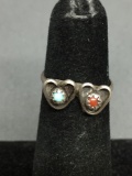 Twin Heart Detailed Sterling Silver Ring Band w/ Sawtooth Set Round 2.5mm Turquoise & Red Coral