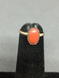 Oval 8x5mm Red Coral Cabochon Center Sterling Silver Ring Band