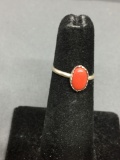 Oval 8x5mm Red Coral Cabochon Center Sterling Silver Ring Band