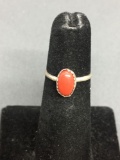 Oval 8x5mm Red Coral Cabochon Center Sterling Silver Ring Band