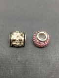 Lot of Two Pandora Style Sterling Silver Bracelet Beads, One Hibiscus Flower Decorated & One Pink