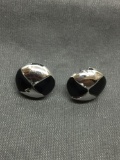 High Polished Round Black Enameled Detailed 14mm Diameter Old Pawn Sterling Silver Button Earrings