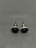Rope Detail Framed Oval 6x4mm Onyx Cabochon Center Pair of Sterling Silver Stud Earrings