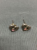 Twin Dolphin in Heart Shape w/ Round Pink Rhinestone Center 10x8mm Pair of Sterling Silver Stud