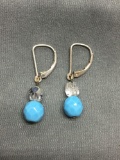 Briolette Faceted Two-Tier Beaded Blue & White Glass Bead Pair of Sterling Silver Drop Earrings