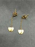 Twin Heart Detailed 30mm Long 8mm Wide Engagement Gold-Tone Pair of Sterling Silver Dangle Earrings
