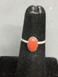 Oval 8x5mm Red Coral Cabochon Center Sterling Silver Ring Band