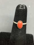 Oval 8x5mm Red Coral Cabochon Center Sterling Silver Ring Band