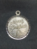 Textured & High Polish Finished Merry Christmas Motif Round 22mm Diameter Sterling Silver Pendant