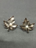 Brush Finish Detailed 24x22mm Leaf Motif Pair of Sterling Silver Screw back Earrings w/ Round 3.5mm