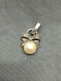 Milgrain Marcasite Detailed Ribbon Bow Sterling Silver Vintage Pendant w/ Round Faux Pearl Center