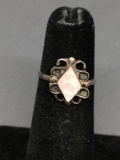 Diamond Shaped 9x6mm Pink Mother of Pearl Center Filigree Detailed Sterling Silver Ring Band