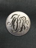 Brush Finished Round 30mm MK Initials Featured Sterling Silver Signet Brooch