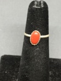 Oval 8x5mm Red Coral Cabochon Center Sterling Silver Ring Band