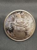 1986 Christmas Snowman Style 1 Ounce .999 Fine Silver Bullion Round