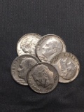 5 Count Lot of United States 90% SILVER Roosevelt Dimes from Estate Collection