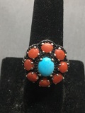STS Sterling Silver Red Coral & Turquoise Lined Ring Size 7