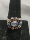 Designer NB Large Gemstone Inlaid Sterling Silver Chunky Ring Size 8