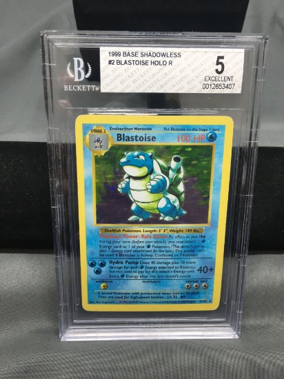 BGS Graded 1999 Pokemon Base Set Shadowless #2 BLASTOISE Holofoil Rare Trading Card - EX 5
