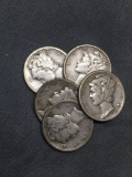 5 Count Lot of United States Mercury Silver Dimes - 90% Silver Coins from Estate