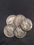 5 Count Lot of United States Mercury Silver Dimes - 90% Silver Coins from Estate