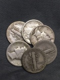 6 Count Lot of United States Mercury Silver Dimes - 90% Silver Coins from Estate