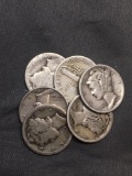 6 Count Lot of United States Mercury Silver Dimes - 90% Silver Coins from Estate