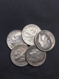 5 Count Lot of United States Roosevelt Silver Dimes - 90% Silver Coins from Estate