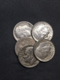 5 Count Lot of United States Roosevelt Silver Dimes - 90% Silver Coins from Estate