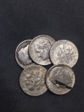 5 Count Lot of United States Roosevelt Silver Dimes - 90% Silver Coins from Estate