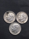 3 Count Lot of United States Roosevelt Silver Dimes - 90% Silver Coins from Estate