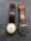 Lot of Two Round 26mm Face Water Resistant Stainless Steel Watches w/ Brown Leather Straps, One