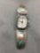 Rectangular Timex 20x18mm Watch w/ Turquoise & Coral Engraved Old Pawn Native American Sterling