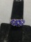 Trillion Faceted Tanzanite Floral Cluster Center Setting Sterling Silver Ring Band