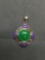 Round 10mm Green Jade Cabochon Center w/ Four Oval Fashioned Lavender Jade Accents Greek Key