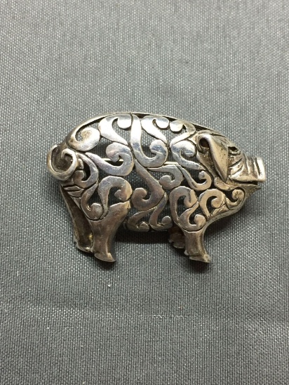 Hand-Crafted High Polished Scroll Detailed 34mm Wide 23mm Tall Ornate Sterling Silver Pig Brooch