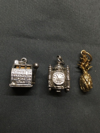 Lot of Three Sterling Silver Charms, One Pineapple, Slot Machine & Vintage Clock